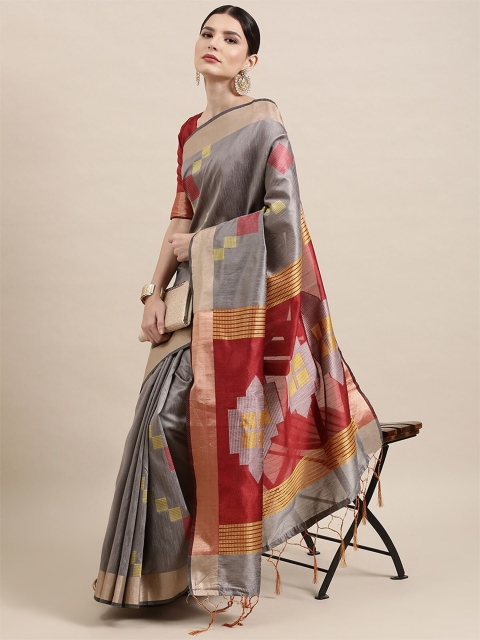 

ODETTE Grey & Rust Woven Design Zari Silk Cotton Banarasi Saree