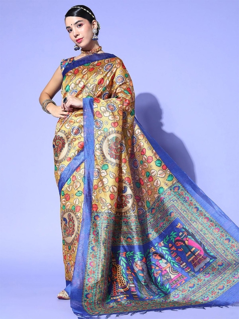 

ODETTE Mustard & Blue Floral Silk Blend Saree