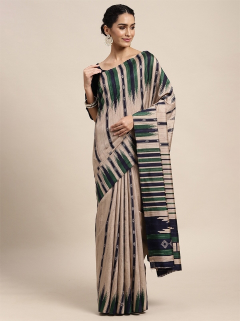 

ODETTE Beige & Blue Silk Blend Bhagalpuri Saree