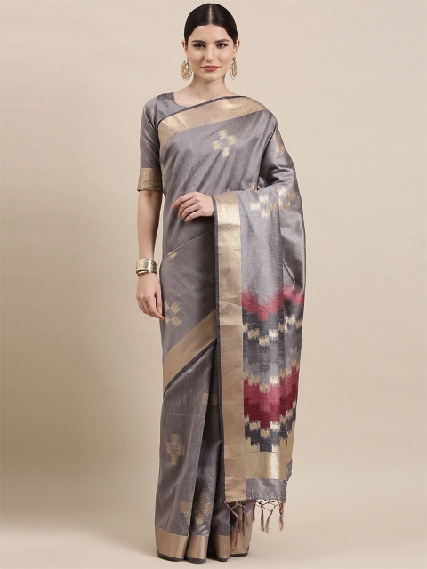 

ODETTE Grey & Gold-Toned Woven Design Zari Silk Cotton Banarasi Saree
