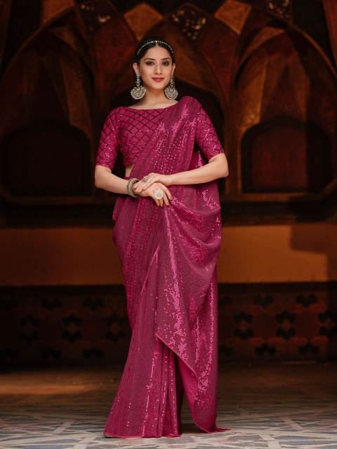 

ODETTE Burgundy Embellished Sequinned Saree