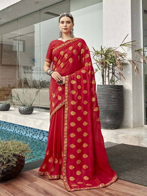 

ODETTE Red & Gold-Toned Floral Embroidered Art Silk Saree