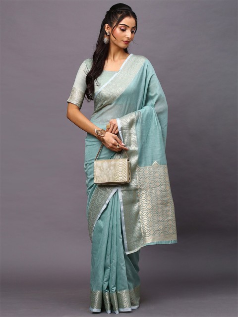 

ODETTE Sea Green & Silver-Toned Zari Linen Blend Taant Saree