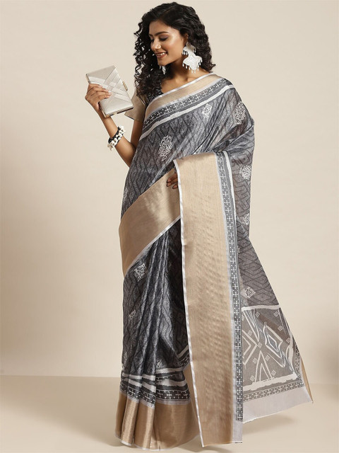 

ODETTE Grey & White Woven Design Zari Silk Blend Saree