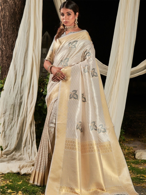 

ODETTE Cream & Gold-Toned Woven Design Zari Silk Blend Saree