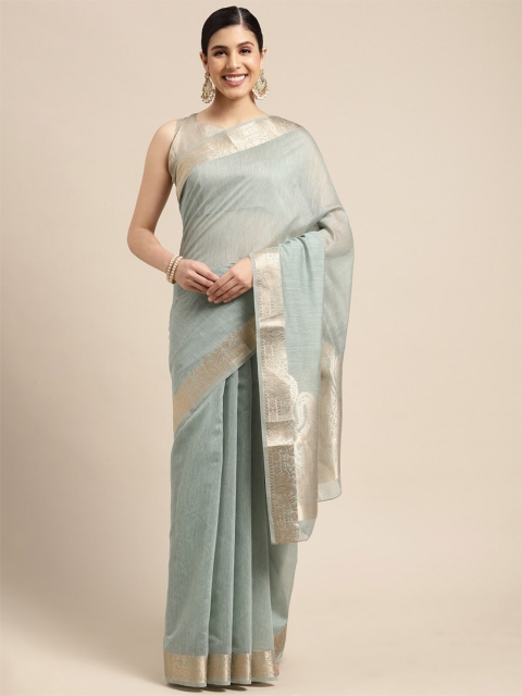 

ODETTE Sea Green & Gold-Toned Woven Design Zari Linen Blend Taant Saree
