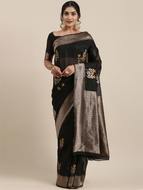 

ODETTE Black & Yellow Woven Design Zari Linen Blend Banarasi Saree