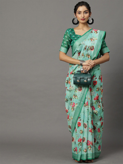 

ODETTE Sea Green & Red Floral Zari Linen Blend Banarasi Saree