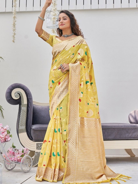 

ODETTE Yellow & Gold-Toned Woven Design Zari Linen Blend Saree