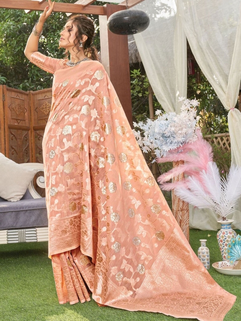 

ODETTE Peach-Coloured & Gold-Toned Woven Design Zari Linen Blend Saree