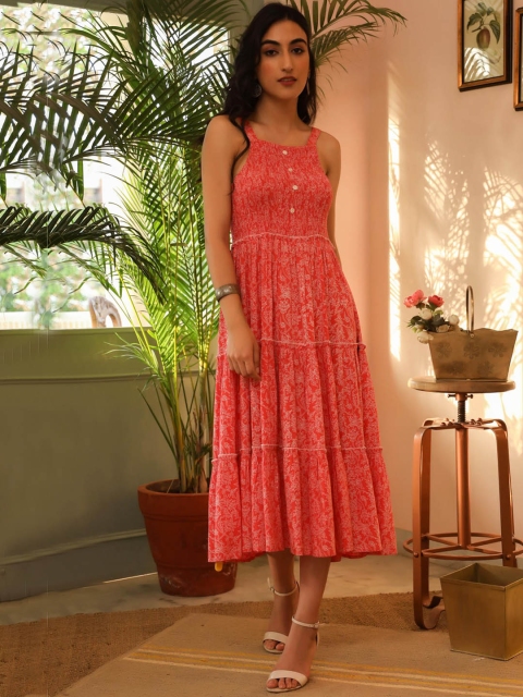 

SCAKHI Red Ethnic Motifs Layered Midi Dress with Jacket