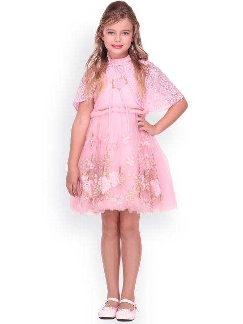 

CUTECUMBER Girls Pink Embellished & Embroidered Fit & Flare Lace Dress with Cape Shrug