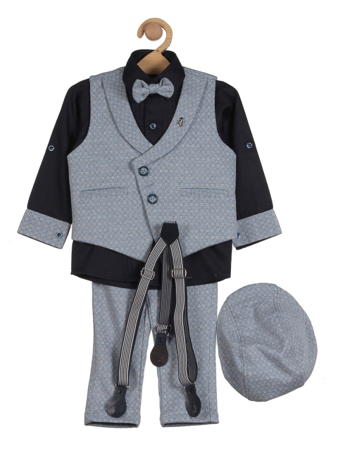 

Lil Lollipop Boys Blue Self Design Waistcoat and Trousers Suit Set