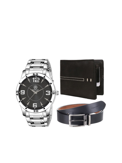 

MARKQUES Men Black & Silver-Toned Solid Leather Accessory Gift Set