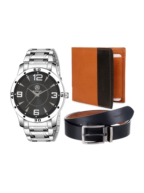 

MARKQUES Men Silver-Toned & Black Solid Leather Accessory Gift Set, Tan