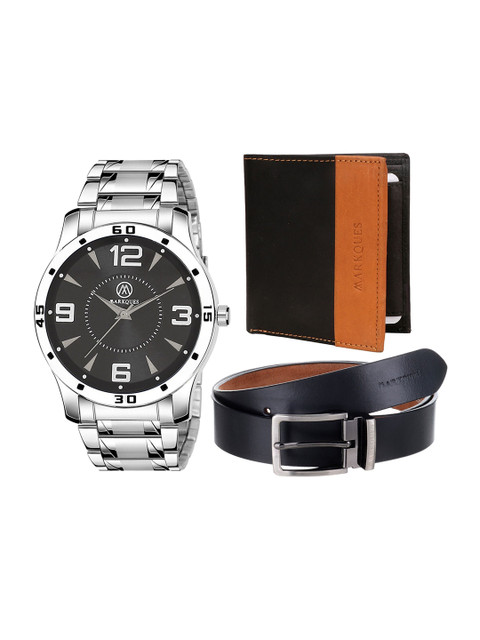 

MARKQUES Men Black & Sliver-Toned Watch Wallet And Belt Accessory Gift Set, Silver