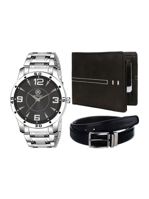 

MARKQUES Men Silver-Toned & Black Solid Leather Accessory Gift Set