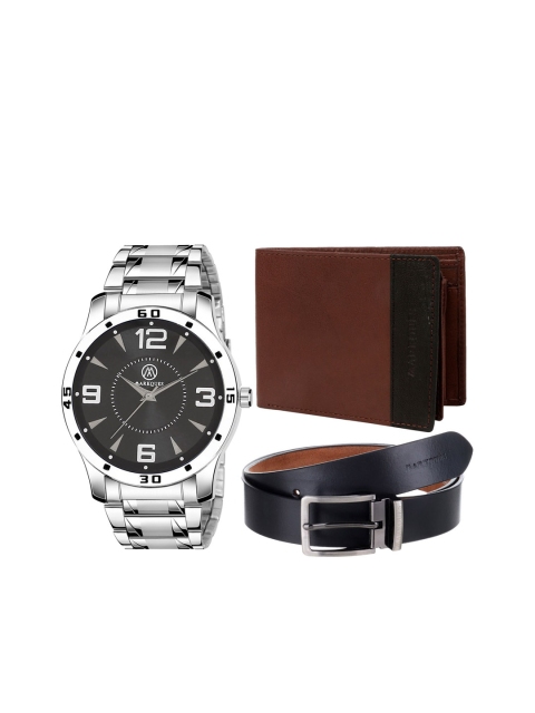 

MARKQUES Men Silver-Toned & Black Solid Leather Accessory Gift Set, Brown