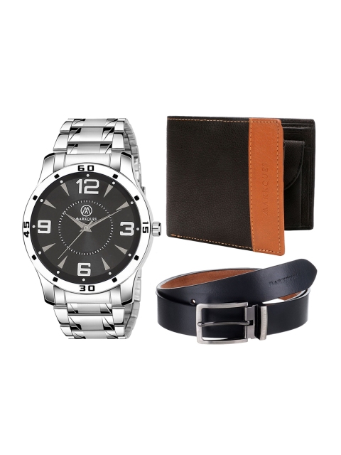 

MARKQUES Men Silver-Toned & Black Solid Leather Accessory Gift Set