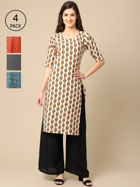 

Ethnic basket Women Pack Of 4 Block Print Crepe Kurta, Orange