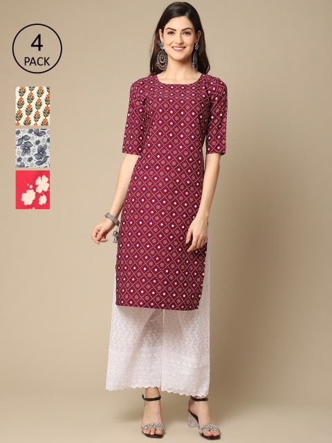 

Ethnic basket Women Pack Of 4 Multicoloured Floral Printed Crepe Kurta, Multi