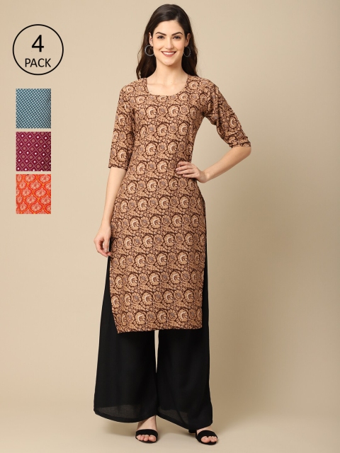 

Ethnic basket Women Pack of 4 Orange & Blue Ethnic Motifs Printed Crepe Kurta
