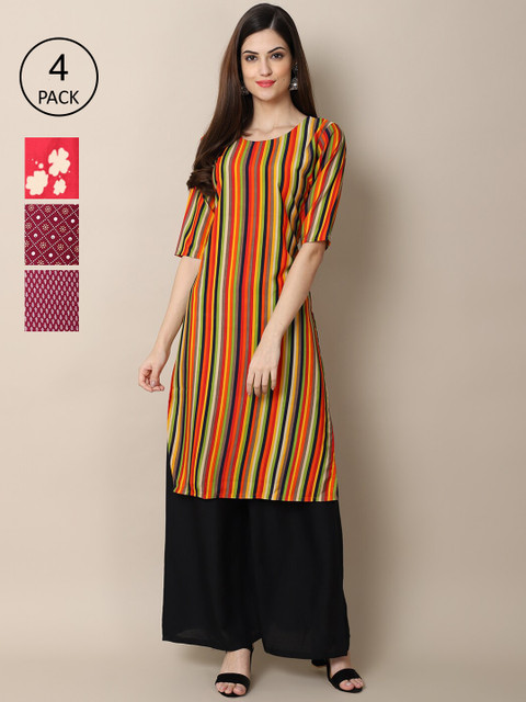 

Ethnic basket Women Pack Of 4 Orange & Pink Ethnic Motifs Printed Crepe Kurta