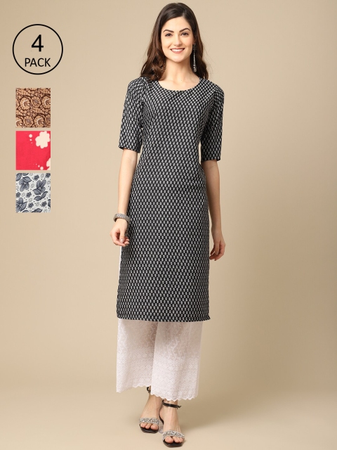 

Ethnic basket Women Pack Of 4 Floral Printed Crepe Kurta, Black