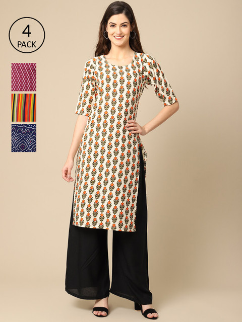 

Ethnic basket Women Multicoloured Pack Of 4 Geometric Printed Block Print Crepe Kurta, Multi