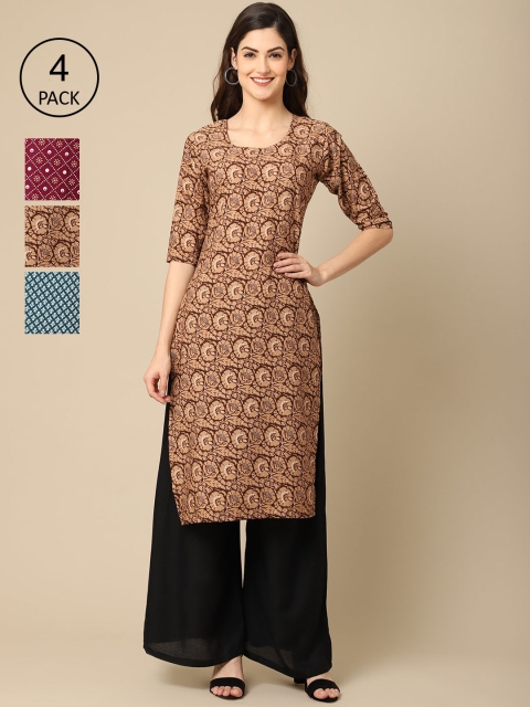

Ethnic basket Women Pack of 4 Geometric Printed Crepe Straight Kurta, Brown