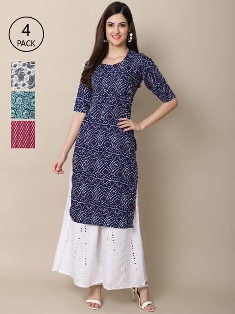 

Ethnic basket Pack of 4 Women Ethnic Motifs Printed Block Print Crepe Kurta, Blue