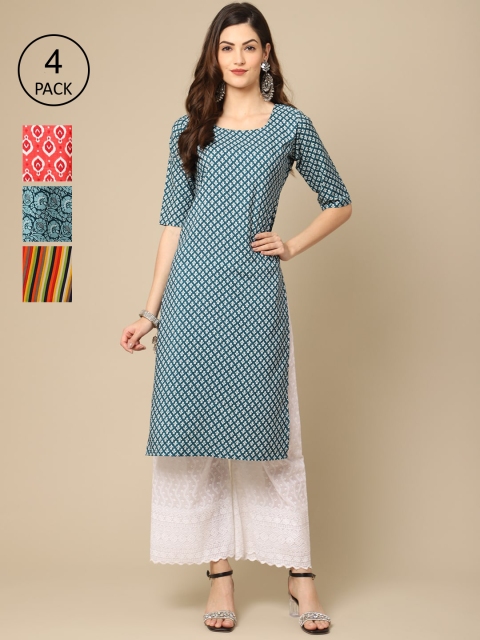 

Ethnic basket Women Multicoloured Pack Of 4 Geometric Printed Block Print Crepe Kurta, Multi
