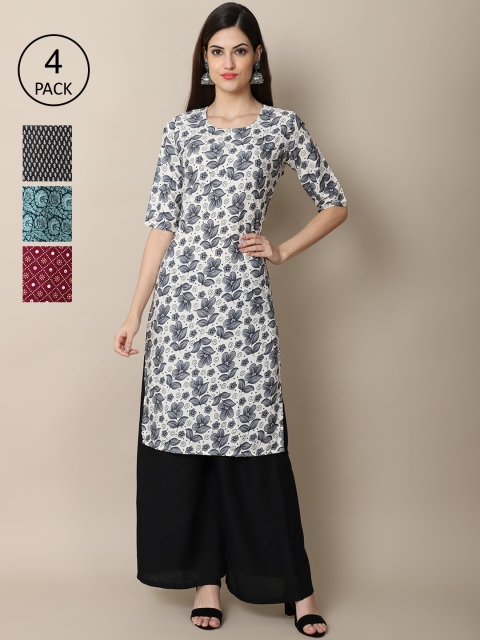 

Ethnic basket Women Pack of 4 White & Blue Floral Printed Crepe Kurta