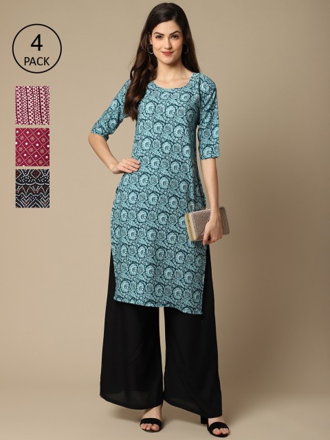 

Ethnic basket Women Pack of 4 Floral Printed Crepe Kurta, Blue