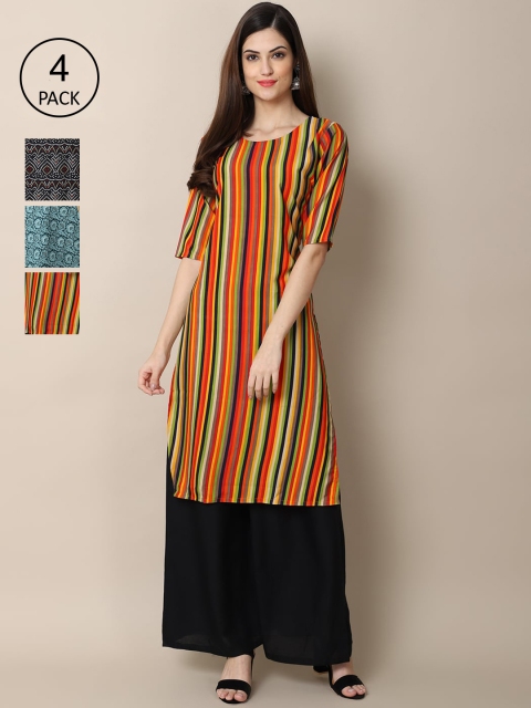 

Ethnic basket Pack Of 4 Women Printed Straight Crepe Kurta, Teal