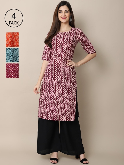 

Ethnic basket Women Pack Of 4 Geometric Printed Crepe Kurtas, Maroon
