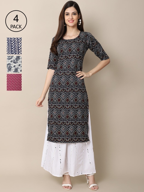 

Ethnic basket Women Pack Of 4 Block Print Crepe Kurta, Black