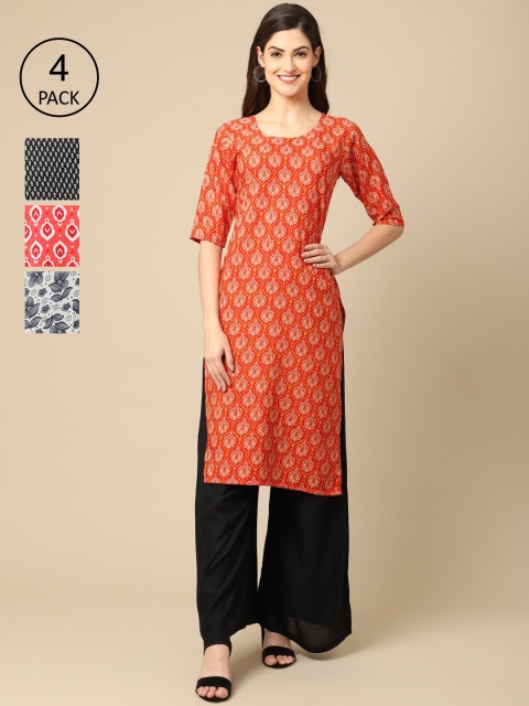 

Ethnic basket Pack of 4 Women Ethnic Motifs Printed Block Print Crepe Kurta, Orange
