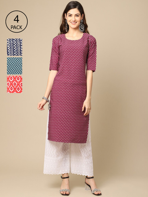 

Ethnic basket Women Pack Of 4 Printed Crepe Kurta, Maroon