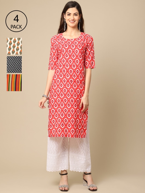 

Ethnic basket Women Pack of 4 Printed Crepe Kurtas, Coral