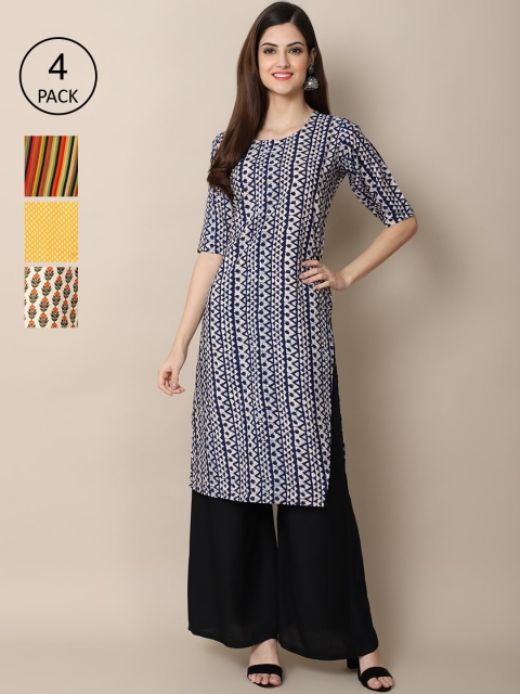 

Ethnic basket Women Pack Of 4 Ethnic Motifs Printed Crepe Kurta, Yellow
