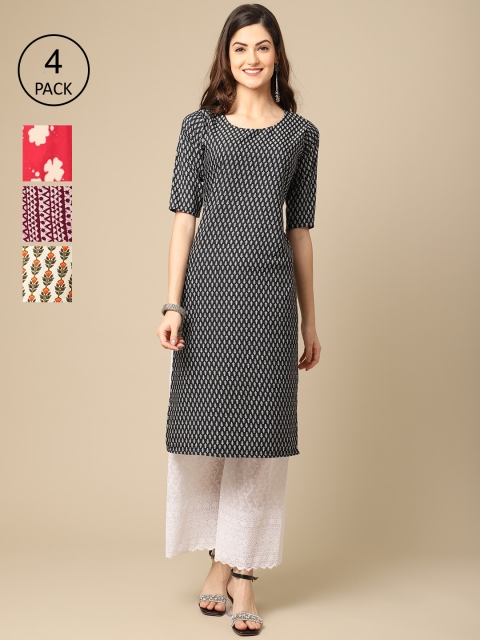 

Ethnic basket Pack of 4 Women Floral Printed Block Print Crepe Kurta, Black