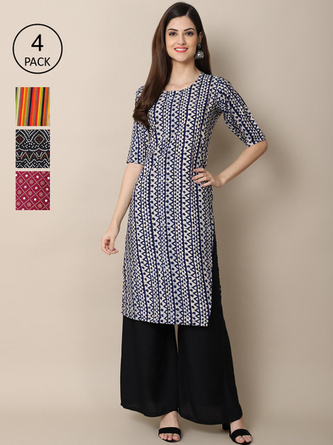 

Ethnic basket Women Multicoloured Pack Of 4 Ethnic Motifs Printed Block Print Crepe Kurta, Multi