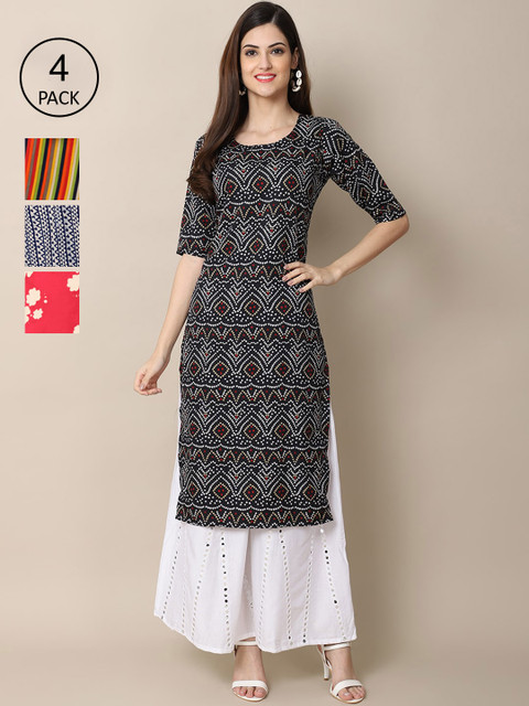 

Ethnic basket Women Pink & Yellow Ethnic Motifs Printed Block Print Crepe Kurta