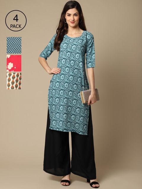 

Ethnic basket Women Set Of 4 Blue & Peach-Coloured Floral Printed Crepe Kurta