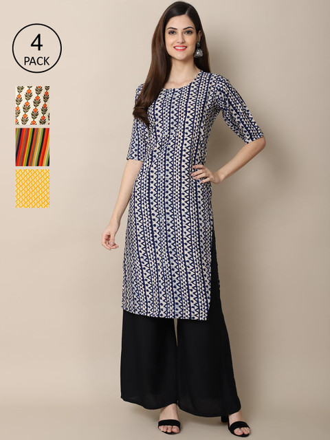 

Ethnic basket Pack of 4 Women Ethnic Motifs Printed Crepe Kurta, Yellow
