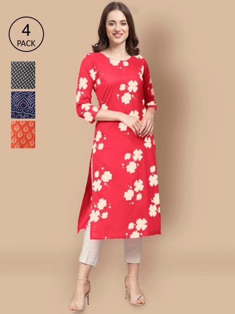 

Ethnic basket Women Pack Of 4 Block Print Crepe Kurta, Navy blue