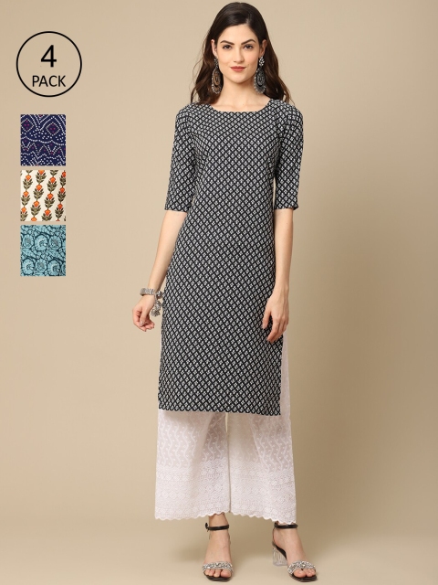 

Ethnic basket Pack of 4 Women Geometric Printed Crepe Kurta, Blue