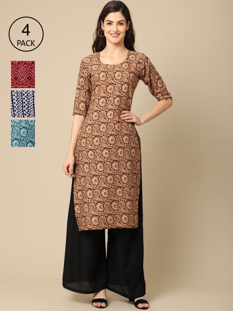 

Ethnic basket Women Pack of 4 Printed Crepe Kurtas, Red