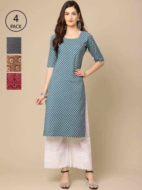 

Ethnic basket Women Pack of 4 Crepe Kurta, Blue